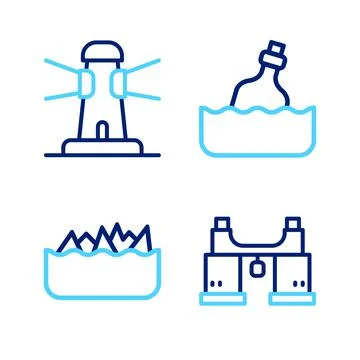 Set line Binoculars, Sharp stone reefs, Bottle with message water and Lighthouse Stock Illustration