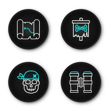 Set line Binoculars, Skull, Pirate flag and treasure map icon. Vector Stockillustratie