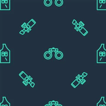 Set line Binoculars, Sniper optical sight and Hunting jacket on seamless pattern Stock Illustration