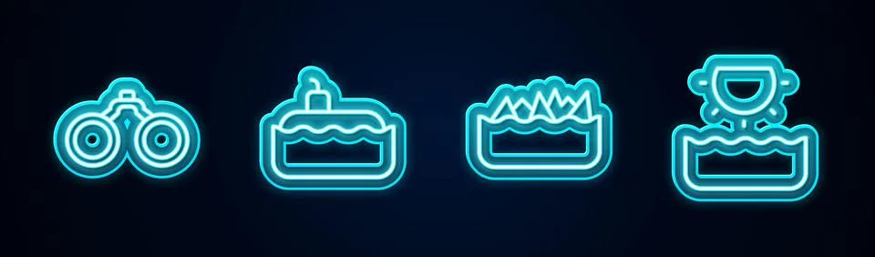 Set line Binoculars, Submarine, Sharp stone reefs and Sun. Glowing neon icon Stock Illustration