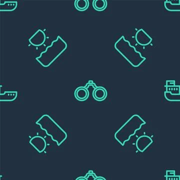 Set line Binoculars, Sun and Cargo ship on seamless pattern. Vector Stock Illustration