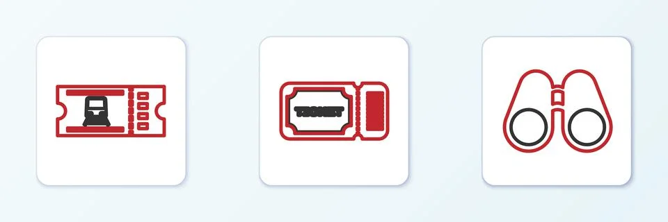 Set line Binoculars, Train ticket and Ticket icon. Vector Illustrazione stock