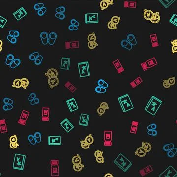 Set line Binoculars, Translator book, and Train ticket on seamless pattern Stock Illustration