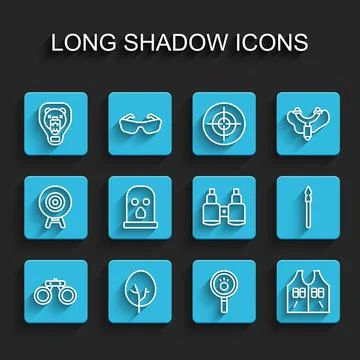 Set line Binoculars, Tree, Bear head on shield, Paw search, Hunting jacket Stock Illustration