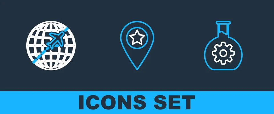 Set line Bioengineering, Globe with flying plane and Location star icon. Vector Stock Illustration