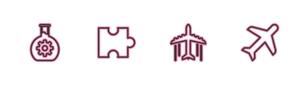 Set line Bioengineering, Plane, Piece of puzzle and  icon. Vector Stock Illustration