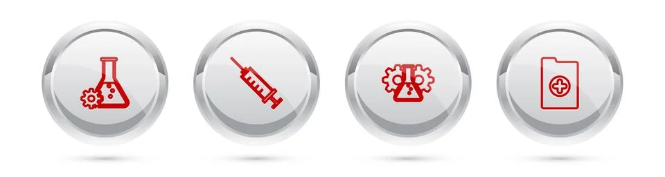 Set line Bioengineering, Syringe, and Clinical record. Silver circle button Stock Illustration