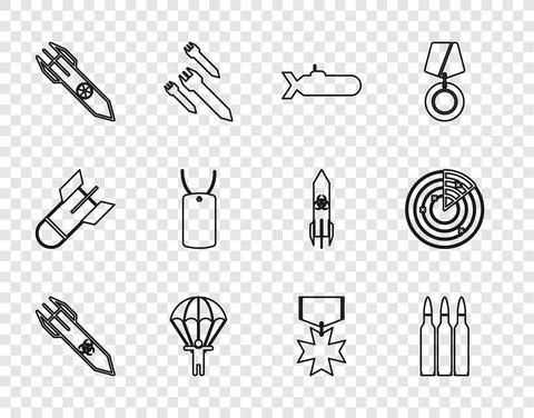 Set line Biohazard rocket, Bullet, Submarine, Parachute, Nuclear, Military dog Stock Illustration