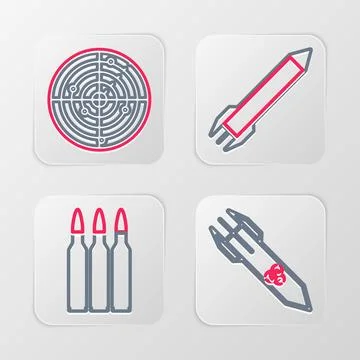 Set line Biohazard rocket, Bullet, Rocket and Radar with targets icon. Vector Illustrazione stock