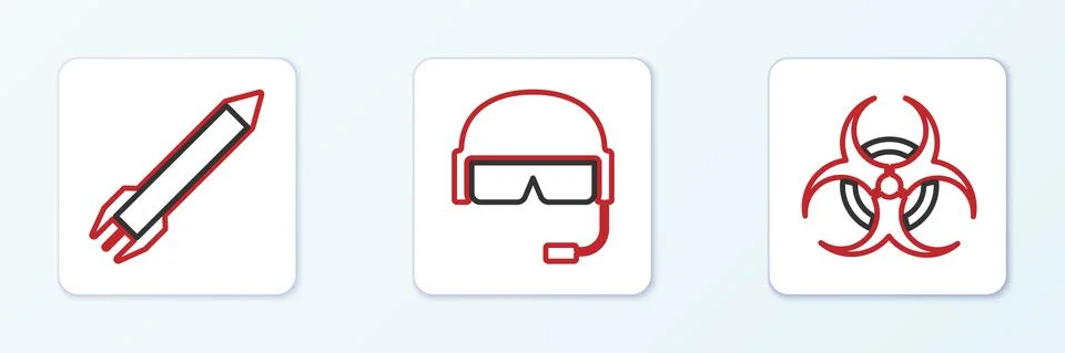 Set line Biohazard symbol, Rocket and Military helmet icon. Vector 스톡 일러스트