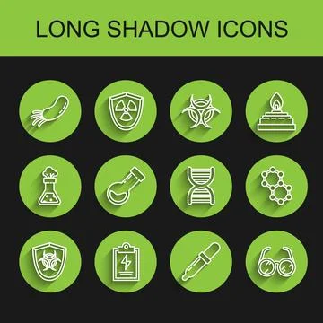 Set line Biohazard symbol on shield, Laboratory clipboard with checklist, B.. Stock Illustration
