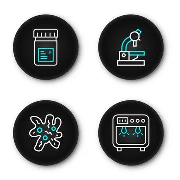 Set line Biosafety box, Cell, Microscope and Jar with additives icon. Vector Illustrazione stock