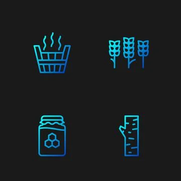 Set line Birch tree, Jar of honey, Sauna bucket and Wheat. Gradient color i.. Stock Illustration