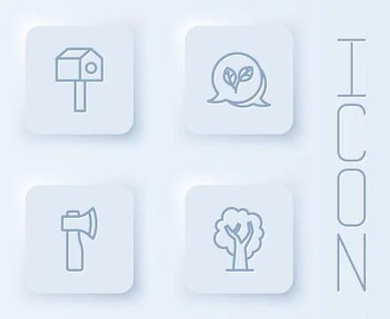 Set line Bird house, Leaf, Wooden axe and Tree. White square button. Vector Stock Illustration