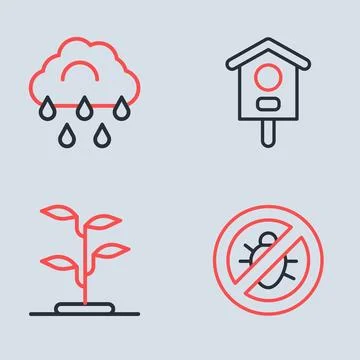 Set line Bird house, Sprout, Stop colorado beetle and Cloud with rain icon... Stock Illustration