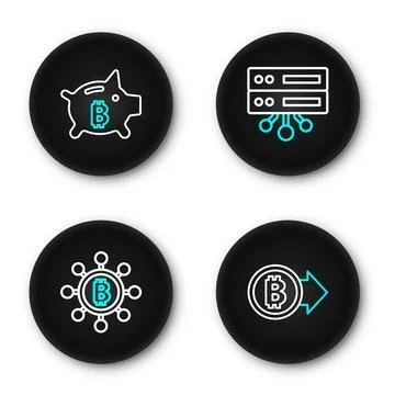 Set line Bitcoin, Blockchain technology, Server and Piggy bank bitcoin icon.. Stock Illustration
