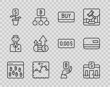 Set line Bitcoin in browser, Bank building, Buy button, Browser with growth.. Ilustración de archivo