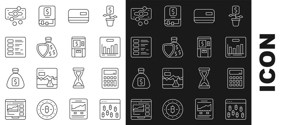 Set line Bitcoin in browser, Calculator, Pie chart infographic, Credit card Stock Illustration