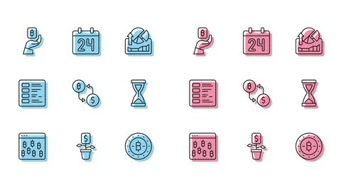 Set line Bitcoin in browser, Dollar plant, Hand holding, Cryptocurrency exchange Stock Illustration