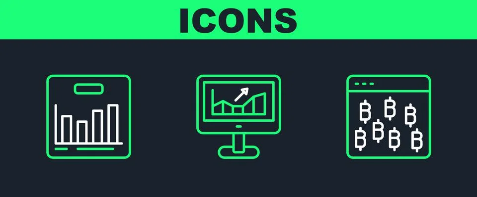 Set line Bitcoin in browser, Pie chart infographic and Computer with growth icon Illustrazione stock