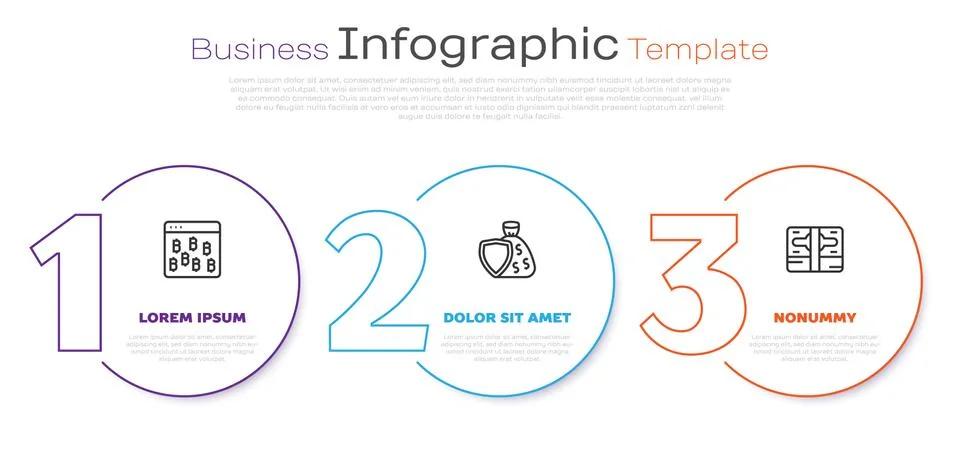 Set line Bitcoin in browser, Shield and money bag and Stacks paper cash イラスト素材
