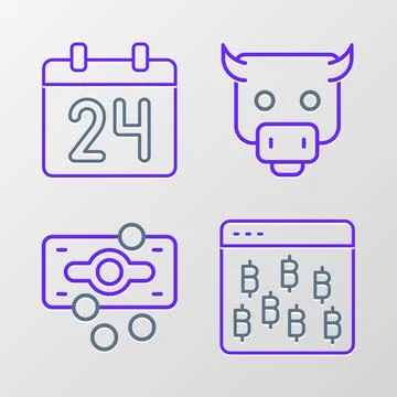 Set line Bitcoin in browser, Stacks paper money cash, Bull market and Calendar Stock Illustration