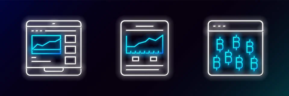 Set line Bitcoin in browser, Trading courses and Website with growth graph .. Stock Illustration