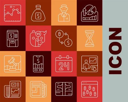 Set line Bitcoin in browser, Trading courses, Old hourglass, Trader, Bull a.. Stock Illustration