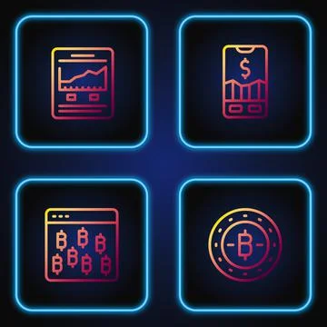 Set line Bitcoin, browser, Website with growth graph and Mobile stock trading Illustrazione stock