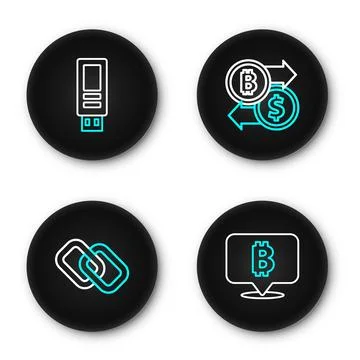 Set line Bitcoin, Chain link, Cryptocurrency exchange and USB flash drive i.. Stock Illustration