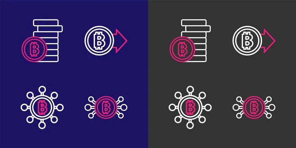 Set line Bitcoin in circuit, Blockchain technology,  and  icon. Vector イラスト素材