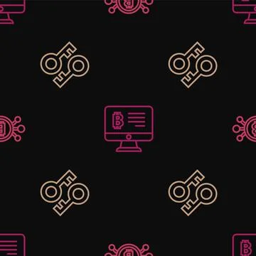 Set line Bitcoin in circuit, Cryptocurrency key and Mining bitcoin from monitor Stock Illustration
