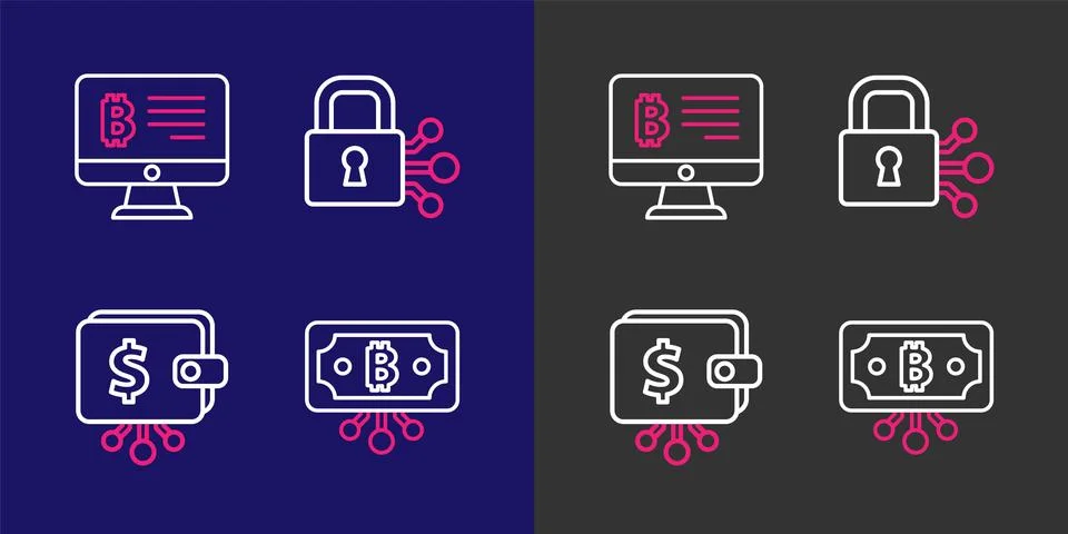 Set line Bitcoin with circuit, Cryptocurrency wallet, Lock bitcoin and Mini.. Stock Illustration