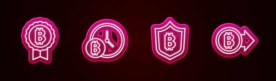 Set line Bitcoin, with clock, Shield bitcoin and . Glowing neon icon. Vector Illustrazione stock