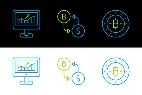 Set line Bitcoin, Computer with growth graph and Cryptocurrency exchange ic.. Stock Illustration