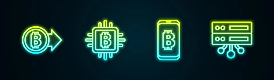 Set line Bitcoin, CPU mining farm, Mining bitcoin from mobile and Server 스톡 일러스트