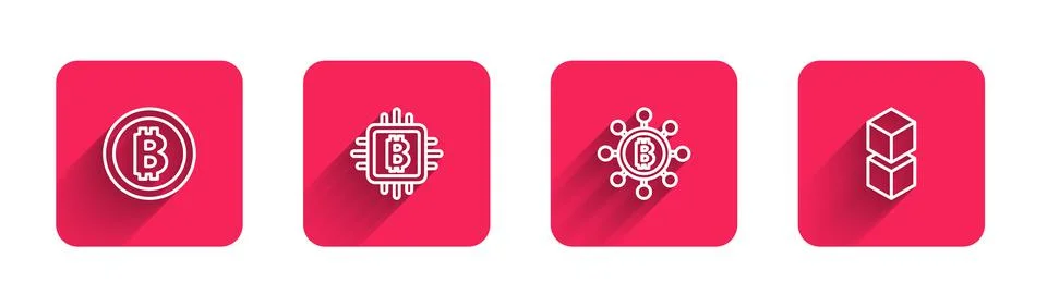 Set line Bitcoin, CPU mining farm, Blockchain technology and with long shadow 스톡 일러스트