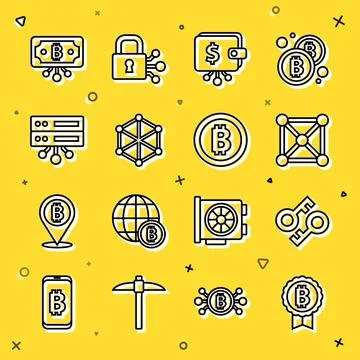 Set line Bitcoin, Cryptocurrency key, Blockchain technology, wallet, Server,  Stock Illustration