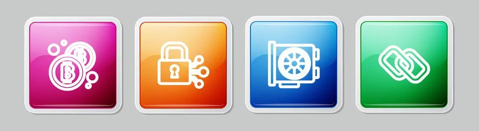 Set line Bitcoin, Lock with bitcoin, Video graphic card and Chain link. Col.. Stock Illustration