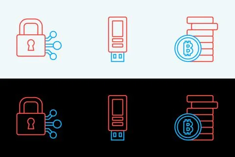 Set line Bitcoin, Lock with bitcoin and USB flash drive icon. Vector Stock Illustration