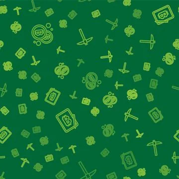 Set line Bitcoin, Mining bitcoin from tablet and Pickaxe on seamless pattern Illustrazione stock