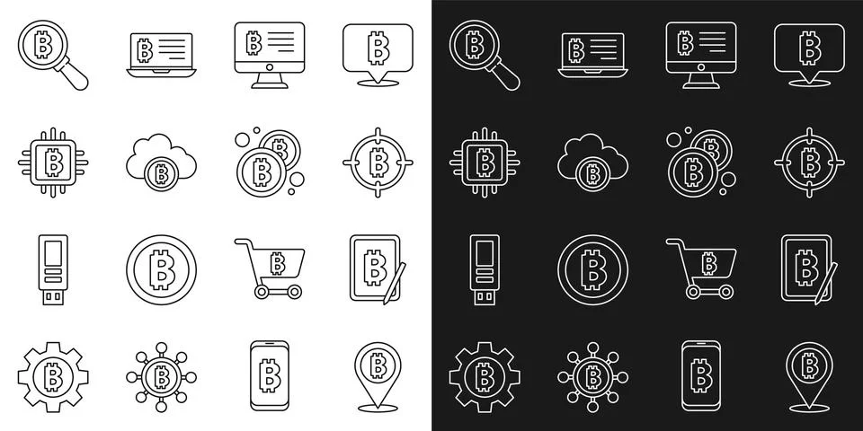 Set line Bitcoin, Mining bitcoin from tablet, the target, monitor, Cryptocurr Illustrazione stock