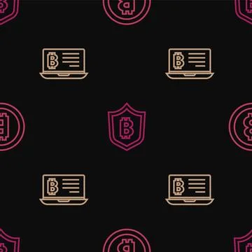 Set line Bitcoin, Mining bitcoin from laptop and Shield with on seamless pattern Stock Illustration