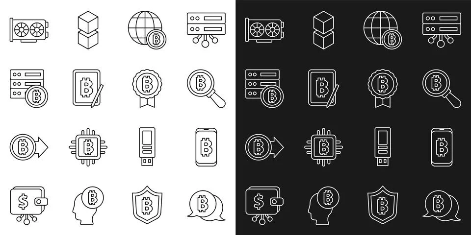 Set line Bitcoin Mining bitcoin from mobile Magnifying glass with Globe table Illustrazione stock
