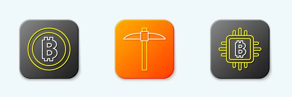Set line Bitcoin, Pickaxe and CPU mining farm icon. Vector Illustrazione stock