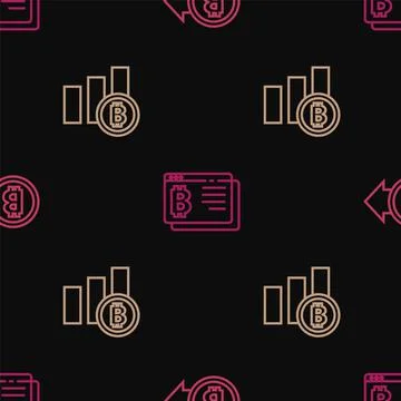 Set line Bitcoin, Pie chart infographic bitcoin and browser on seamless pattern 스톡 일러스트