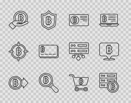 Set line Bitcoin, Server bitcoin, Credit card with, Magnifying glass, Hand ho 스톡 일러스트