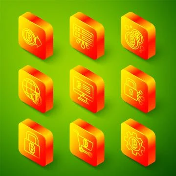 Set line Bitcoin, Server, Globe, Mining bitcoin from monitor, Lock with,  a.. Stock Illustration