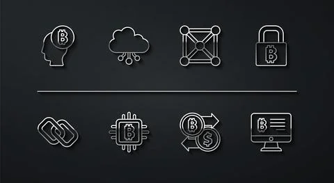 Set line Bitcoin think, Chain link, Lock with bitcoin, Cryptocurrency exchange 스톡 일러스트