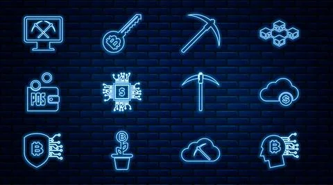 Set line Bitcoin think, Cryptocurrency cloud mining, Pickaxe, Processor chip Illustrazione stock